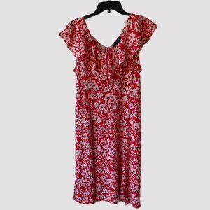 Perception New York dress size L, Red with white flowers print ruffle neck NWT